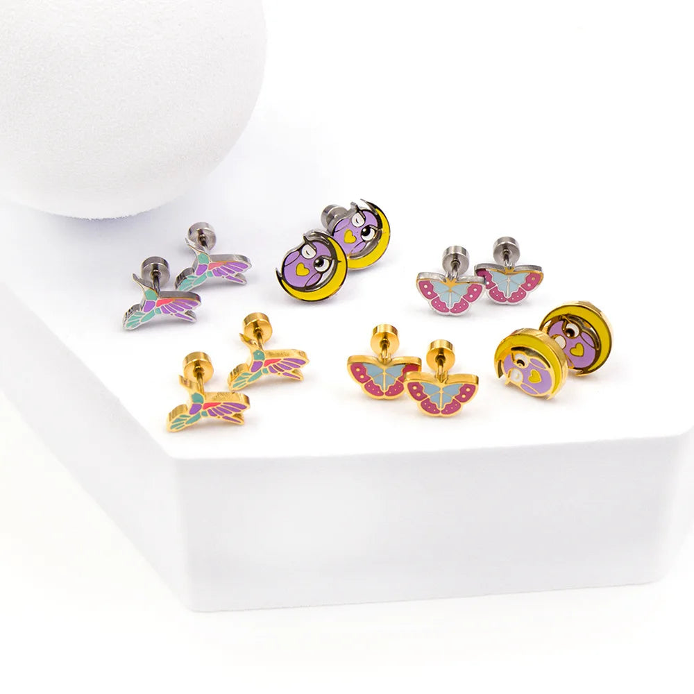 Good Quality  Dolphins Owl Penguin  Raccoon butterfly  Stainless Steel Stud  Earrings for Ladies and Children