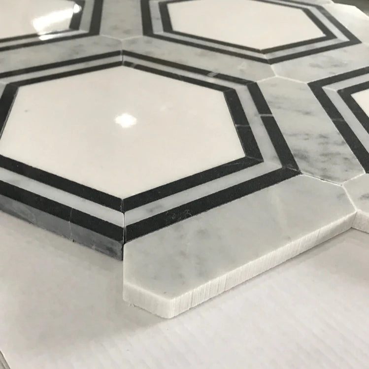 Square Pattern Black and White Marble Mosaic 10mm Thick Modern Parquet Graphic Design Bathroom Floor Tile