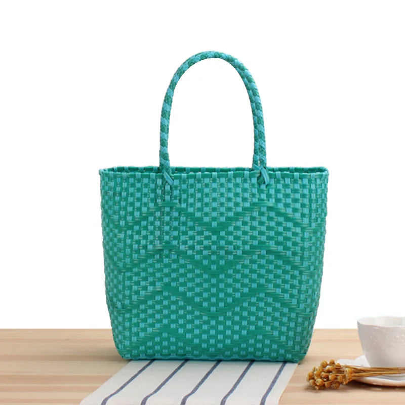 Summer Beach Tote Shopping Bag Handwoven Recycled Plastic Straw Basket Handle PVC Lining Open Closure Geometric Bucket Pattern