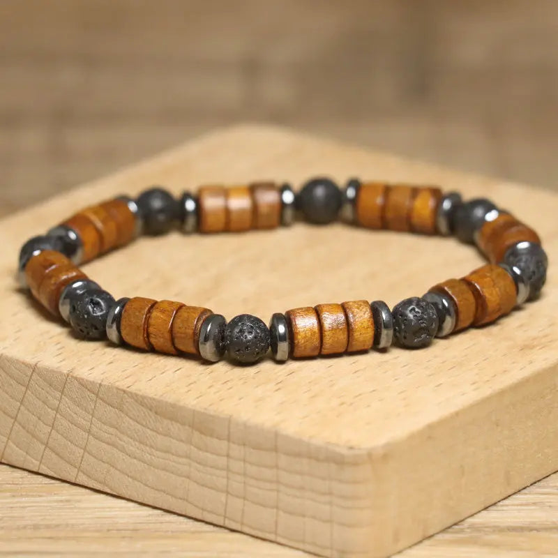 Natural Lava Rock Hematite Stone Bracelet Wooden Beads Charm Yoga Healing Meditation Adjustable Bracelet for Women Men Jewelry