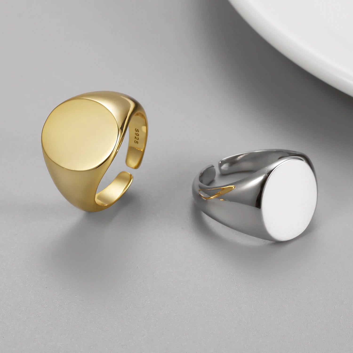 Fashion Jewelry Rings 925 Sterling Silver Wide-faced Plain Open Ring Round Glossy Surface Gold Plated Rings for Women