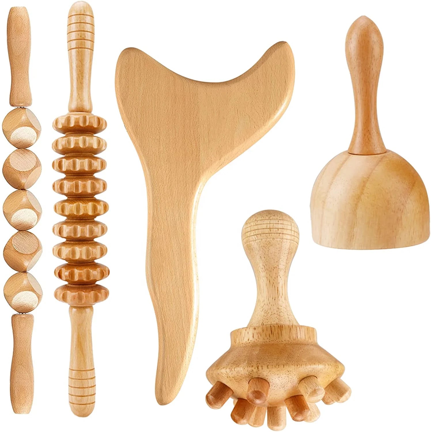 Body Sculpting Tools 5 in 1 Wooden Therapy Massage Tools Guasha Board Rolling Stick for Muscles Anti Cellulite Massage Set
