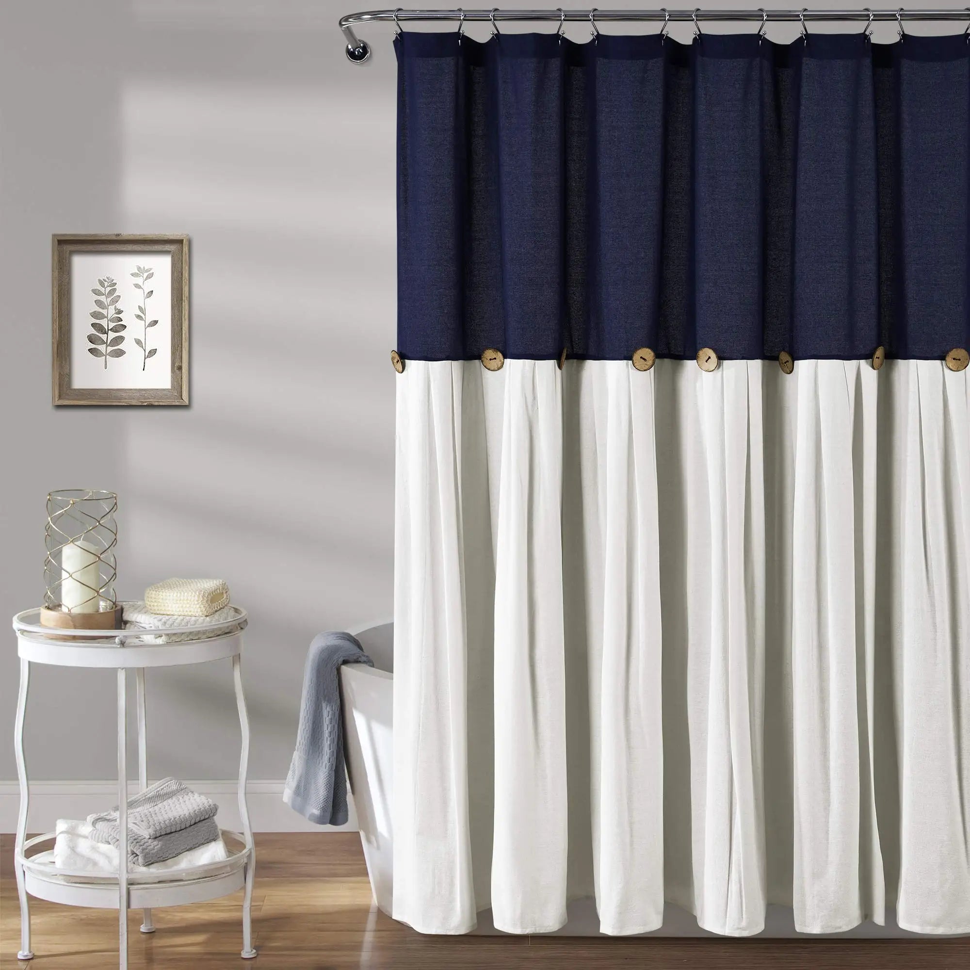 American Farmhouse Linen Material Waterproof Shower Curtain Button Splicing Shower Curtains for Bathroom