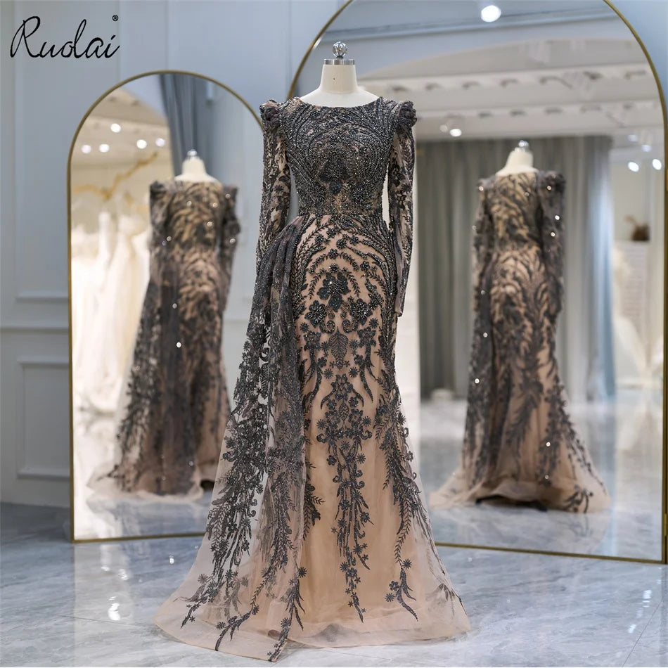 Ruolai LWC8129 Luxury Long Sleeve Boat Neck Evening Dress Beading Mermaid With Side Crystal Prom Dresses