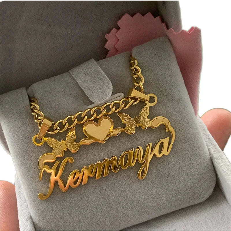 Custom Name Necklace with Butterfly Pendant Chain Stainless Steel Gold Romantic Style for Wedding Engagement Party Anniversary
