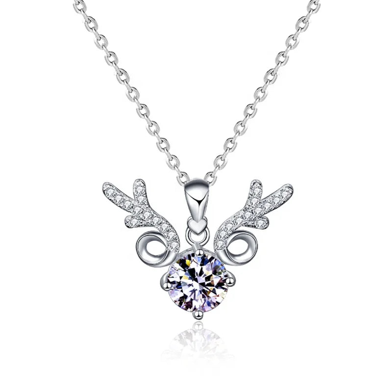 XMZ005 New Arrival 925 Sterling Silver Christmas Original CZ Fine Jewelry Moissanite Cute Deer Pendant Necklace for Women
