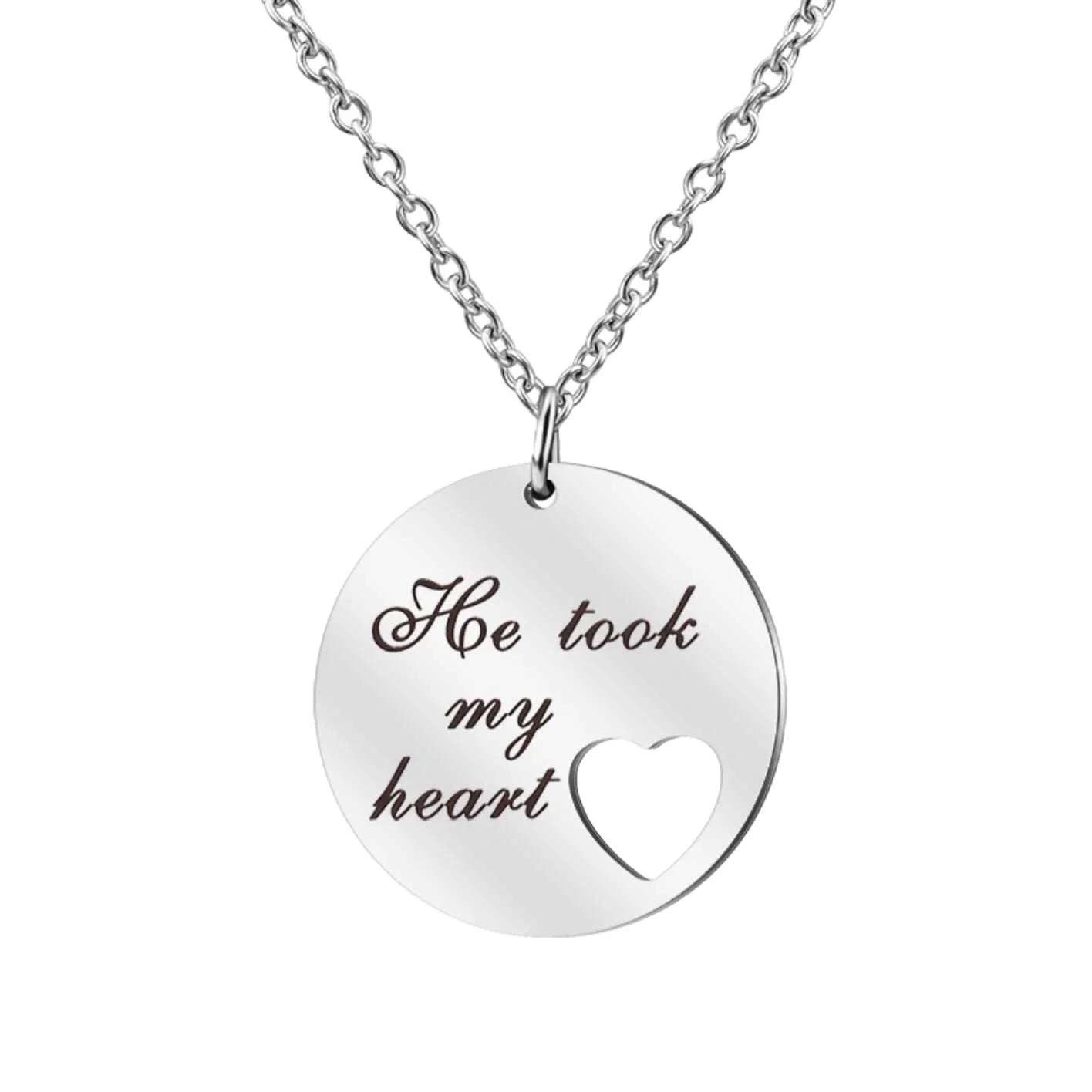 Hot Selling Gold Plated Stainless Steel Necklace Peach Heart Openwork Disc He Took My Heart Trendy Letter Pattern Link Chain