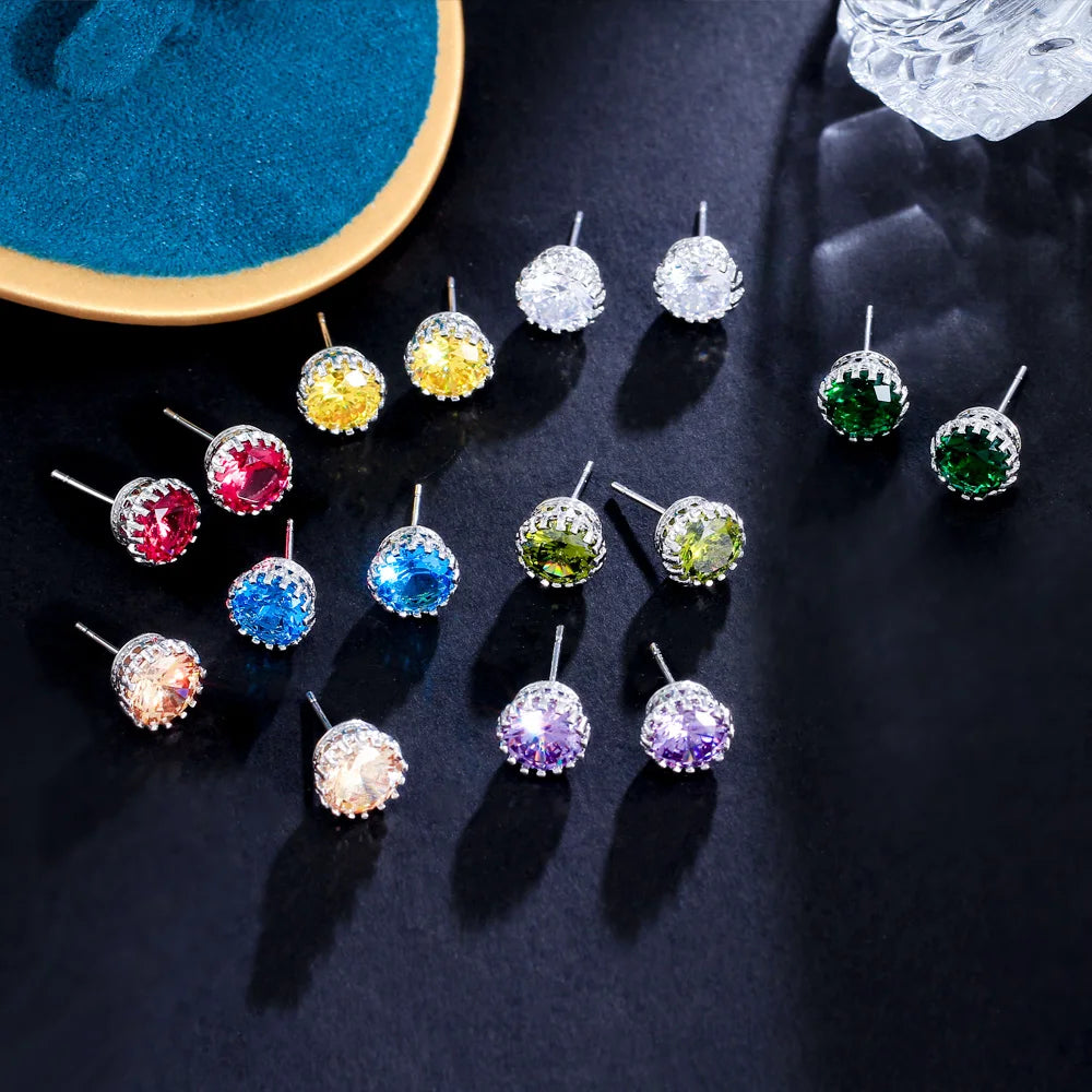 11 Colors Concise Style Round 8mm Cubic Zirconia Stud Earring for Women and Men Jewelry Accessory