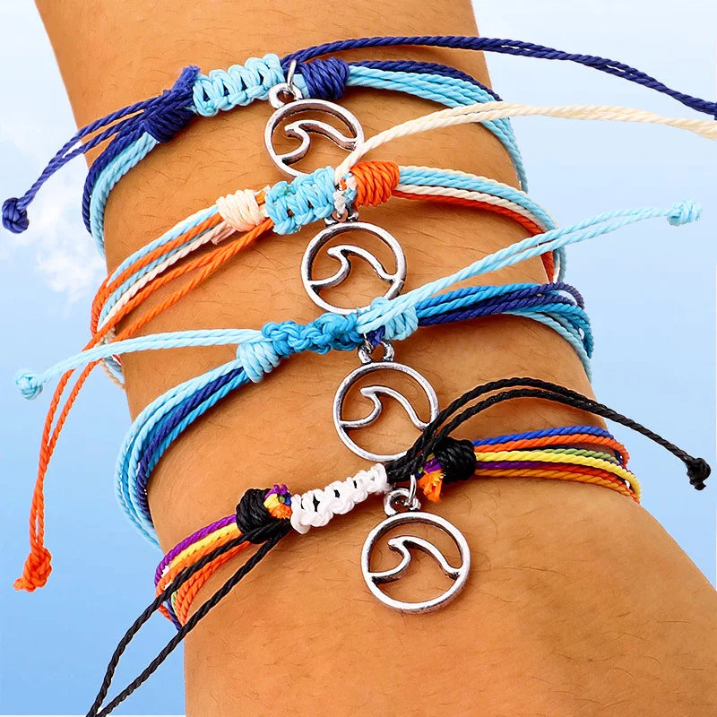 Fashion Handmade Adjustable Thin Wax Cord Thread Rope Knot Summer Charm Ocean Wave Bracelet Jewelry for Women