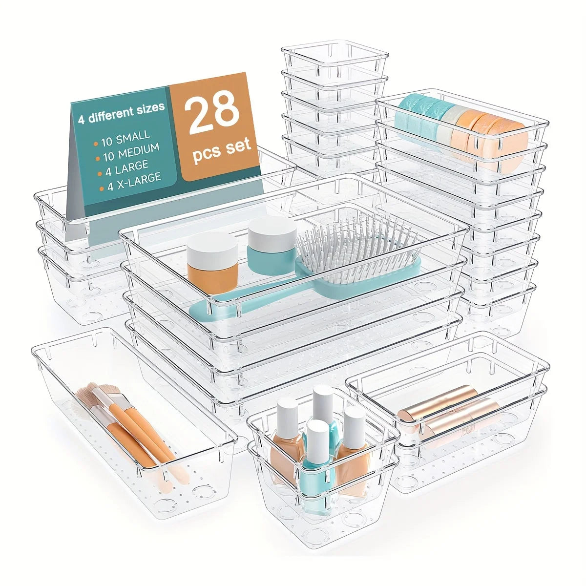 28pcs  4-Size Multifunctional Clear Drawer Organizer Set  Drawer Organiser Trays for Makeup/Jewelries/Office/Bathroom