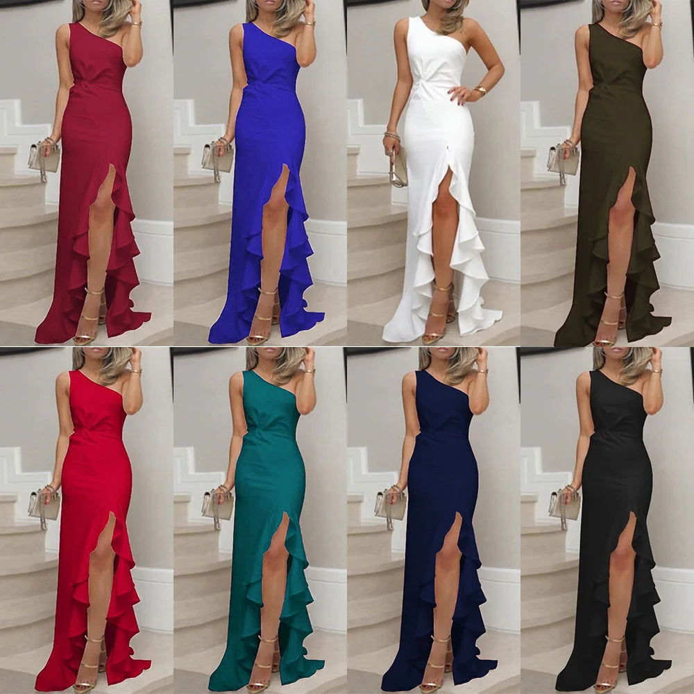 European and American S-3XL Split Ruffle Large Swing Evening Gown Floor Length with Natural Waistline