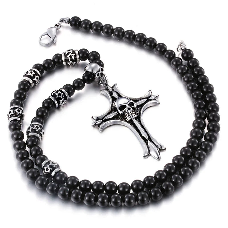 Kalen 700mm Glass Beaded Necklace With Stainless Steel Punk Skull Charm Cross Pendant