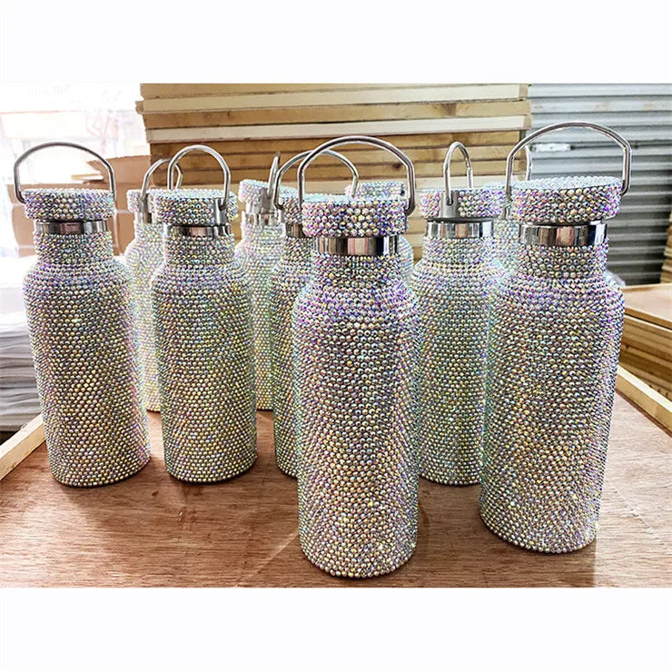 Fashionable Custom Drink Bottle New Bling Bling Rhinestone Portable Double Wall Vacuum Insulated Stainless Steel Water Bottle