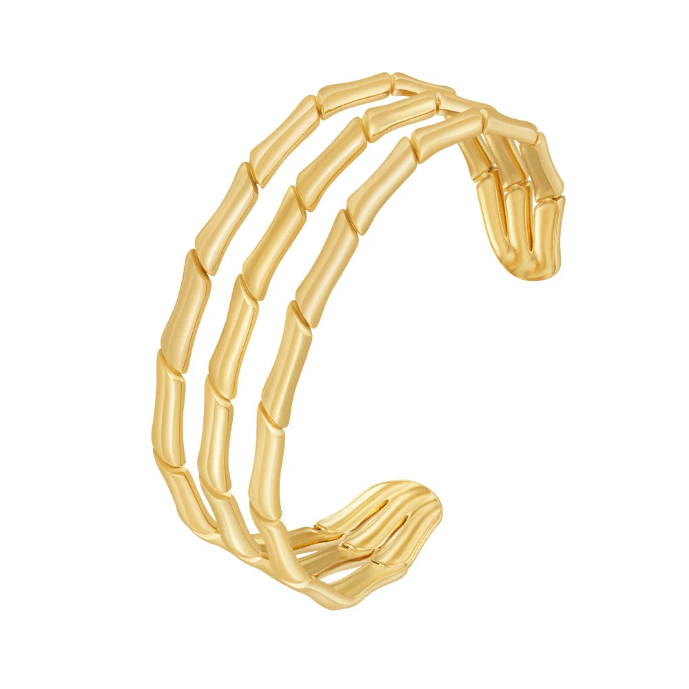 Latest 18K Gold Plated Stainless Steel Jewelry Three Layers Bamboo Open Bangle for Women Punk PVD Waterproof Bracelet B242435