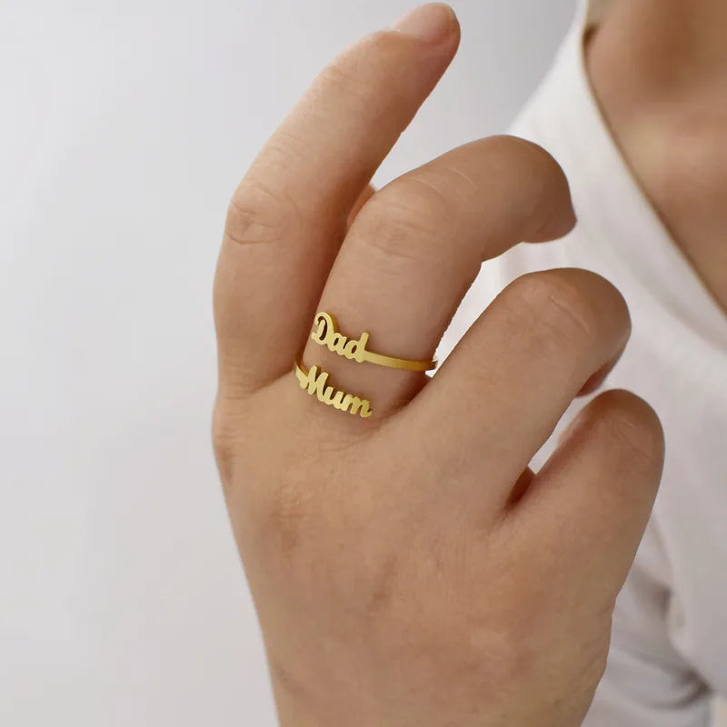 INS Hot Design High Polished Silver Plated Adjustable Stainless Steel Dad Mum Rings Custom Name Words Rings for Lover
