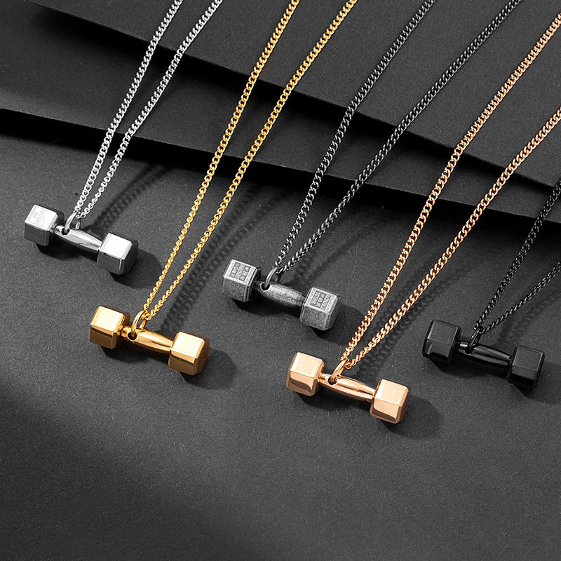 Hot Sale Men's Classic Style Stainless Steel 18K Gold Plated Pendant Necklace  Barbell Fitness Accessory Gym Charms for Couples
