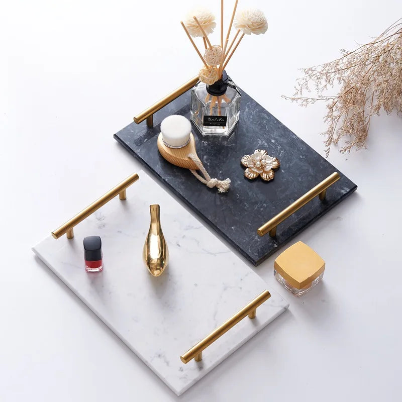 Modern Indian Stone Marble Branch Marble Gold Food Hotel Serving Rectangle Stone Laundry Tray With Gold Handles for Bathroom