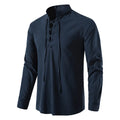 Shirt for Men New Style Long Sleeved Casual Beach Shirt Stand Collar Adjustable Length Drawstring Solid Pattern