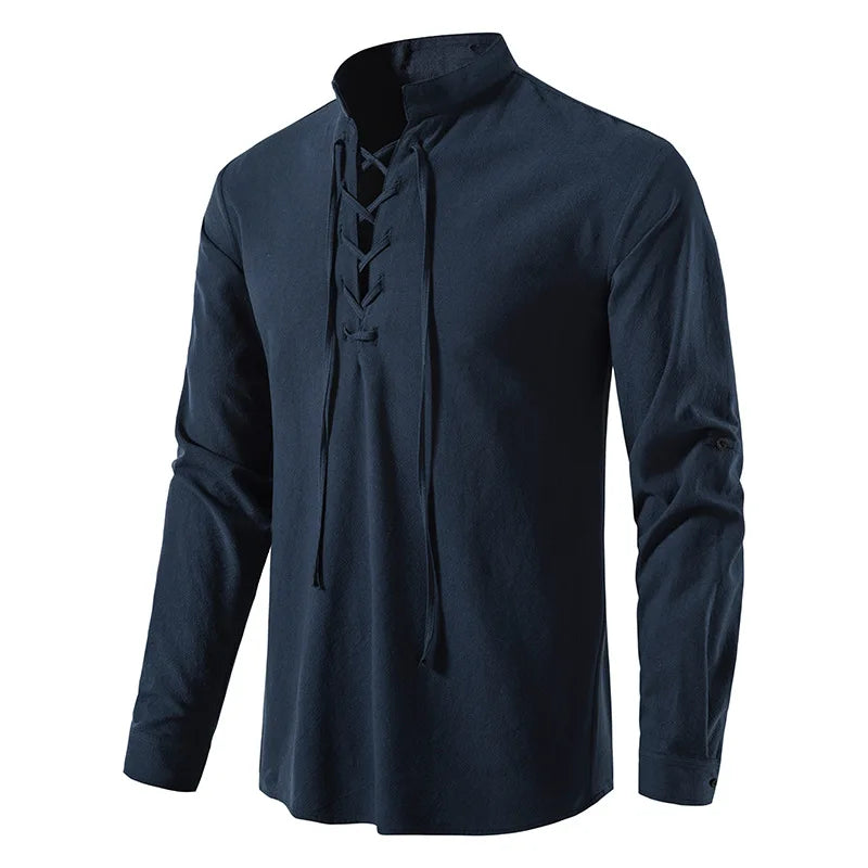 Shirt for Men New Style Long Sleeved Casual Beach Shirt Stand Collar Adjustable Length Drawstring Solid Pattern