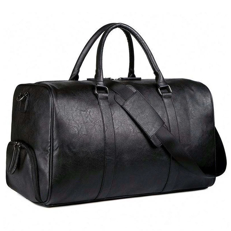 Black Waterproof Sports PU Leather Custom Men Duffel Bags Outdoor Weekender Shoulder Duffel Bag