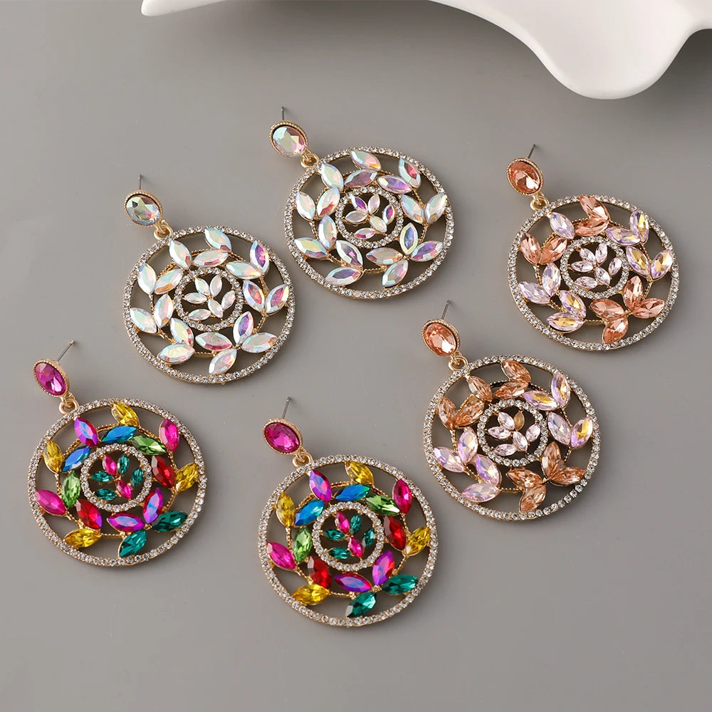 New Arrivals Crystal Gemstone Geometric Earrings Colored Rhinestone Hollow Round Drop Earrings Creative Jewelry