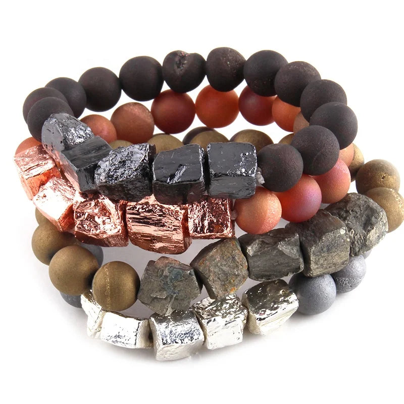 Fashion Women Luxury Jewelry Elastic Irregular Natural Chunky Pyrite Stone Bracelet 10mm Open Smile Stone Druzy Beads Bracelet