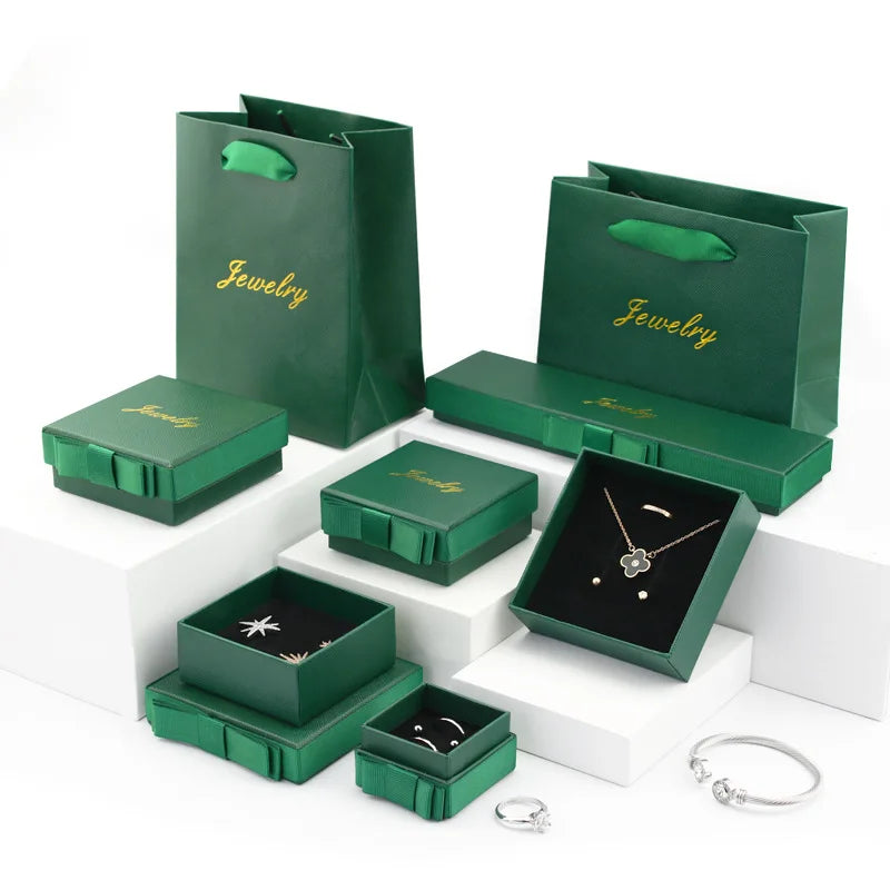 Pink  Green Bow Accessories Packaging Box  Paper Gift Box Necklace Ring Earrings Jewelry Box Gift Customization logo Wholesale
