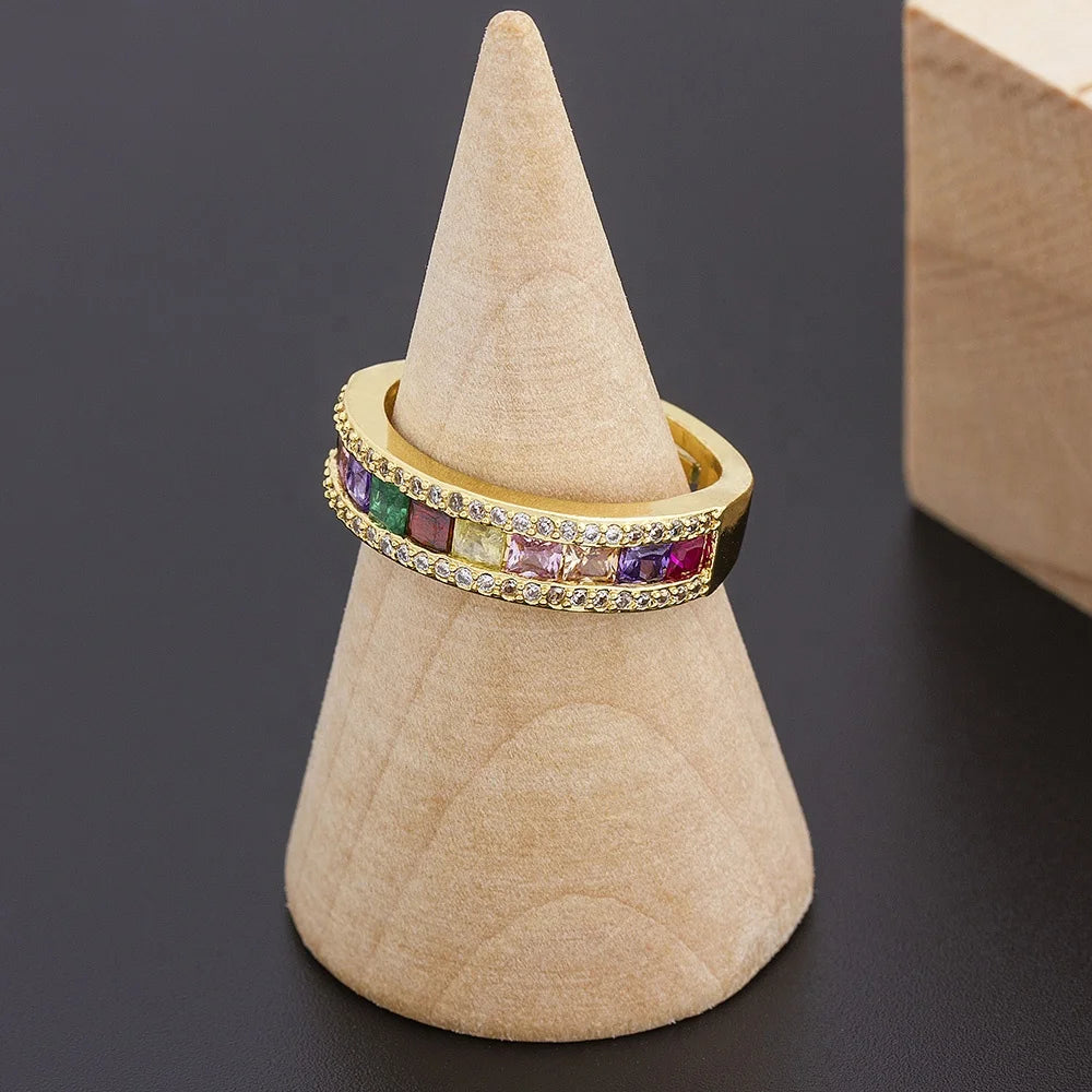QIKU Rainbow Crystal Adjustable Rings Resizable Gold Color Valentine's Day Gift Jewelry Opening Women Wedding Party Accessories