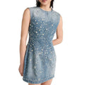 Solid Pattern Women's Mini Dress Sleeveless Frayed Hollow Slimming Gather Waist Design Eco-Friendly Denim Woven Weaving Method