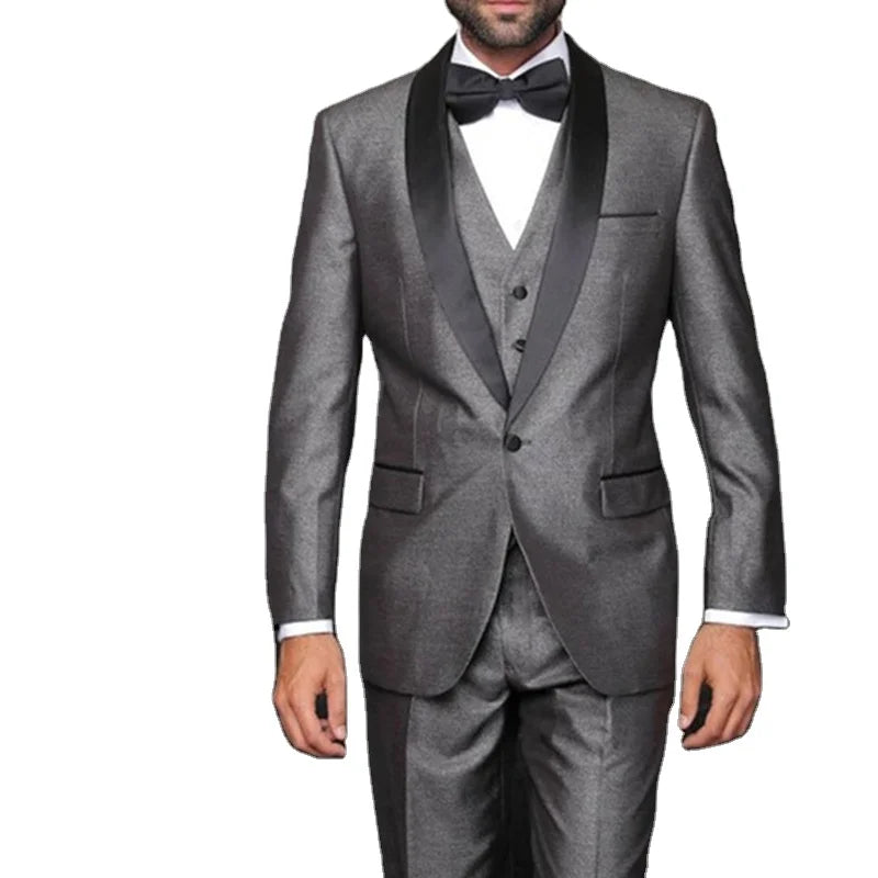 2025 New Design Shawl Collar Grey Men Suits Custom Made Tuxedo One Button Bridegroom Wedding Formal Tuxedo 3 Pieces Blazer Suits