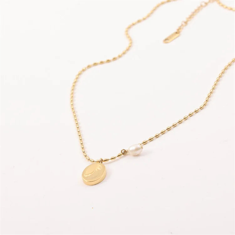Tarnish Free Jewelry Stainless Steel Oval Pendant Fresh Water Pearl Charm Necklace