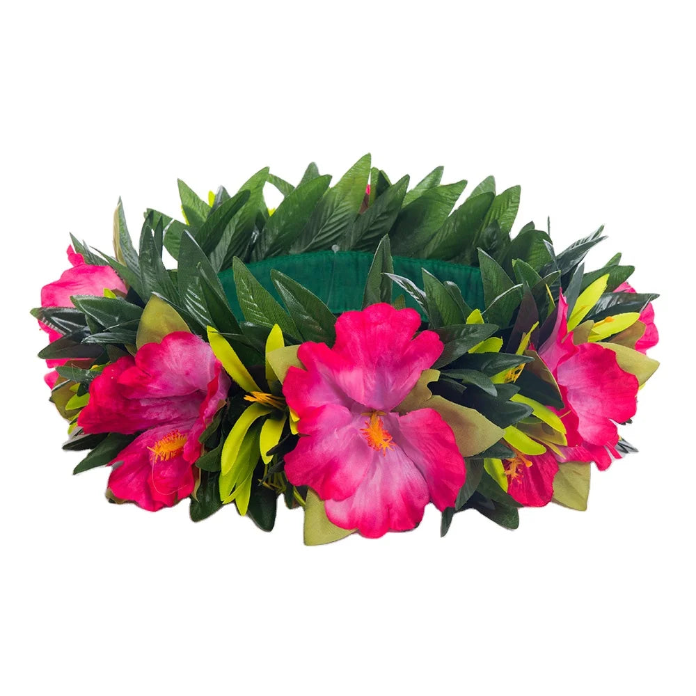 Factory Wholesale 4 Colors 64CM HK00030-3 Artificial Silk Hibiscus with Leaves Headband Hawaiian Haku Girl Dancer Wear