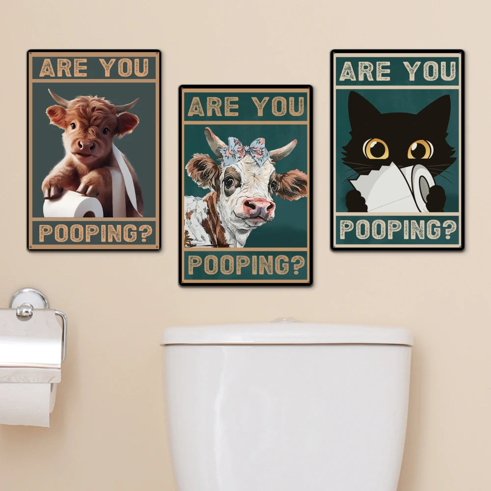 Wholesale Are You Pooping Funny Bathroom Metal Sign Toilet Sign with Cow and Cat Themes Wall Decor