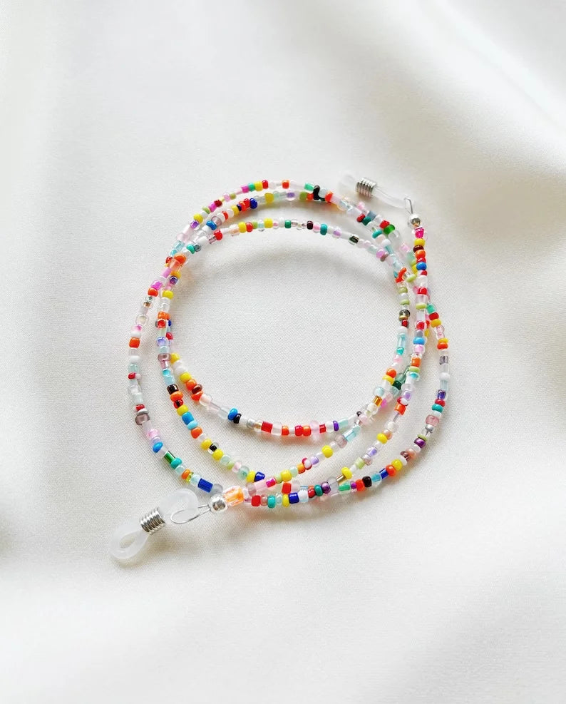 Handmade Custom Bright and Colourful Glasses and Sunglasses Chain with Mixed Multicolour Glass Beads