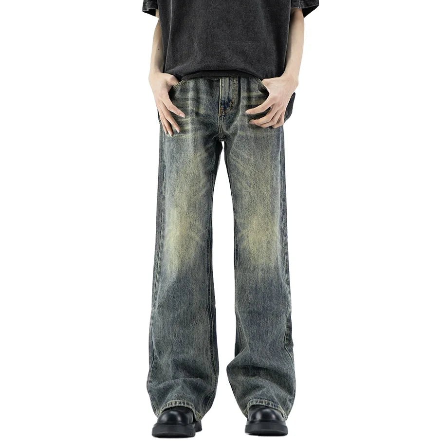 New Fashion Men's Jeans High Street Vintage Wash Loose Baggy Straight Leg Denim Pant with Flare Wide Leg Mid Waist Casual Style