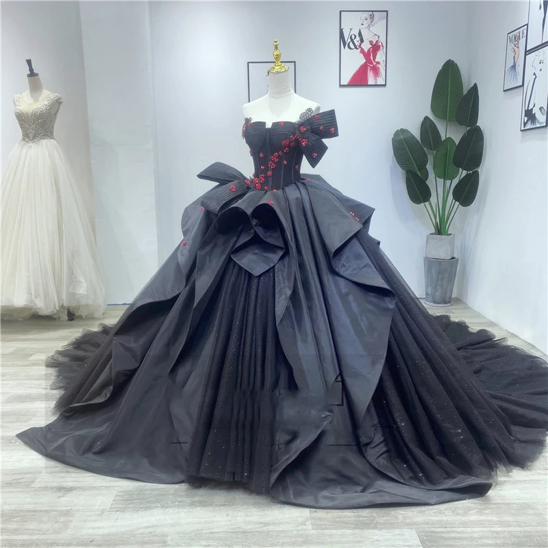 Lsxy29 Black Deep V Muslim Wedding Bridal Luxury Starry Vintage Princess Large Trailing Dress
