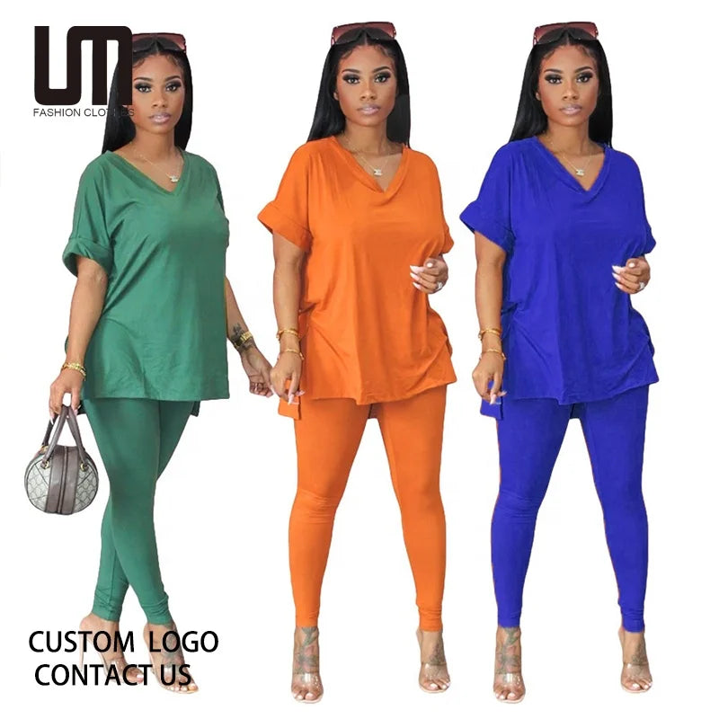 Liu Ming Custom Logo Printed Women Casual 2 Piece Short Sleeve V Neck T Shirt Pants Set