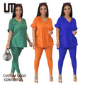 Liu Ming Custom Logo Printed Women Casual 2 Piece Short Sleeve V Neck T Shirt Pants Set