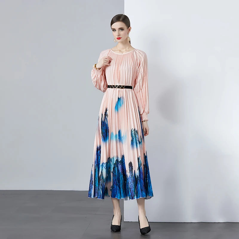 Boutique Wholesale 2024 Autumn New Fashionable Round Neck Printed Art Large Skirt With Hundred Pleats Women Clothing Dress