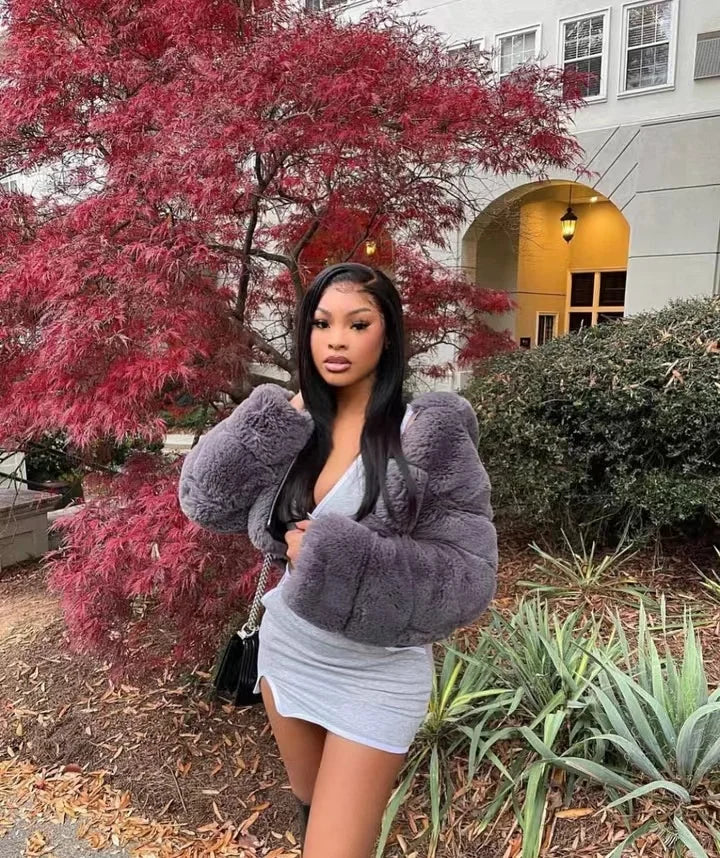 Faux Fur Cropped Top Jacket  for Women  Fashion Short Style Plus Size  Fake Wedding White Black Fur Cropped Winter Coat for Lady