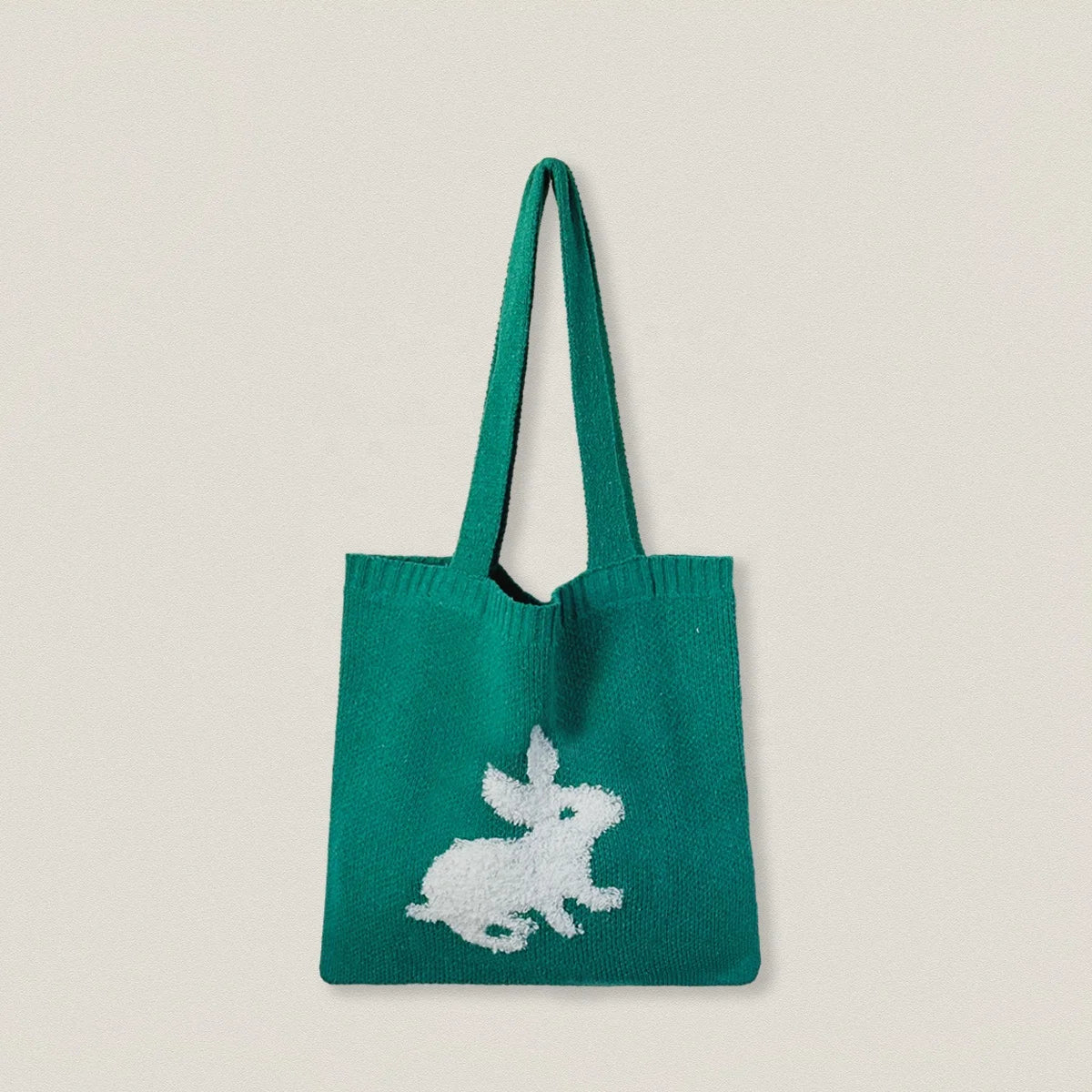 Vintage Rabbit Design Lady Tote Bag Knitted Crochet One Shoulder Large Capacity Dual Laptop Polyester Fashionable Bohemian