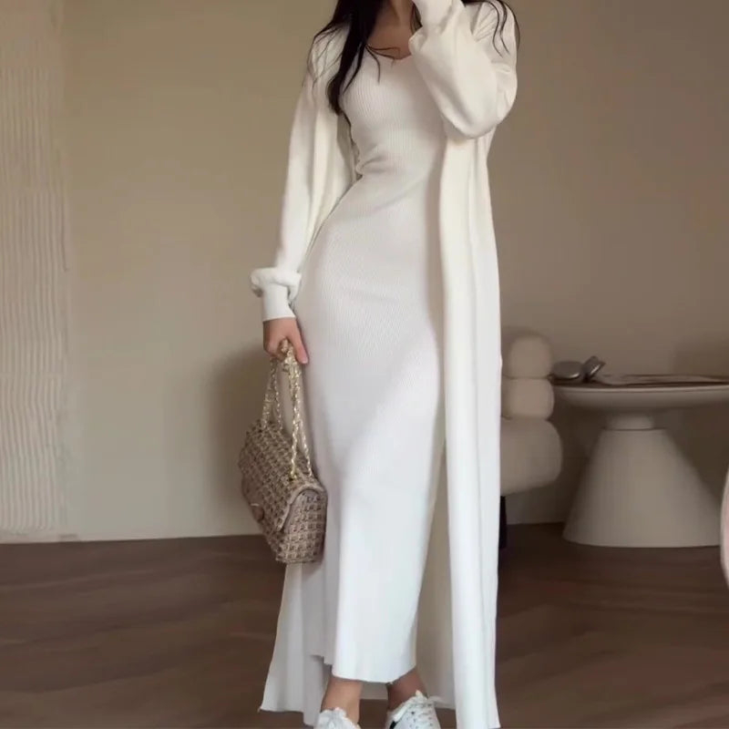 High Quality Women's Solid Color Maxi Vestidos Clothing for Female Elegant Knitwear Dress With Cardigan Two Piece Set