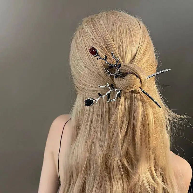 Vintage Rose Hairwear Retro Flower Black Red Hairpins Women's Alloy Hair Chopsticks & Hairsticks