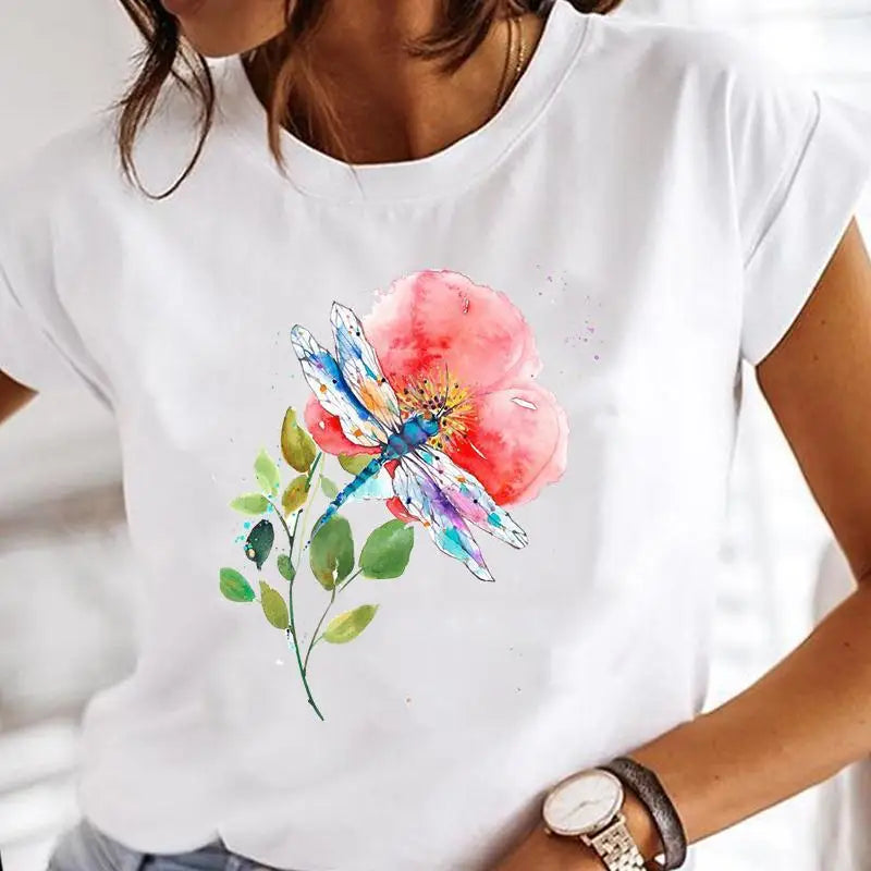 Women Print Clothes Dandelion Watercolor Dragonfly Love Female Tops Tee Tshirt Fashion Print Cartoon Ladies Graphic T-Shirt