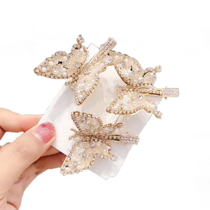 MIO Colorful Rhinestone Pearls Hair Clip Butterfly Metal Hairpins Alligator Hair Clips for Women Ladies Girl