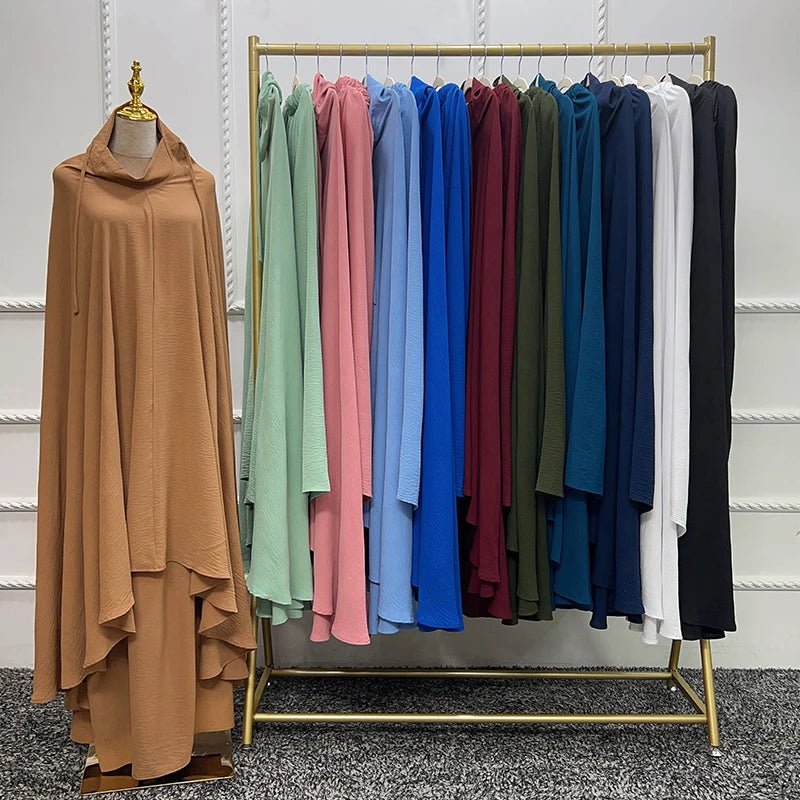 Middle East Arab Dubai Jilbab 2 Pieces Muslim Prayer Dress Crepe Solid Color Long Abaya Women Muslim Dress