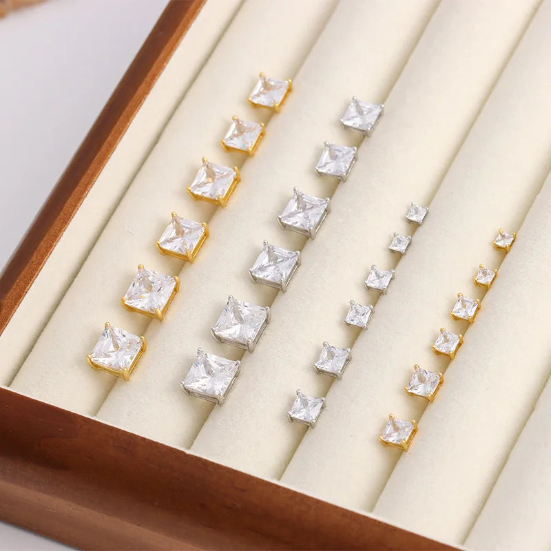 Simple Design S925 Sterling Silver Cut CZ Block Claw Setting Stud Earrings Fine Jewelry for Women RE3130