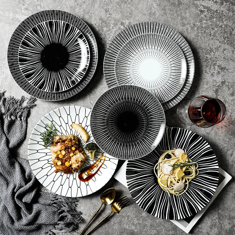 Morocco Style Ceramic Round Pasta Soup Plate Black White Stripes Dinner Plate Dessert Sushi Dish Cheap Serving Plate Cutlery Set