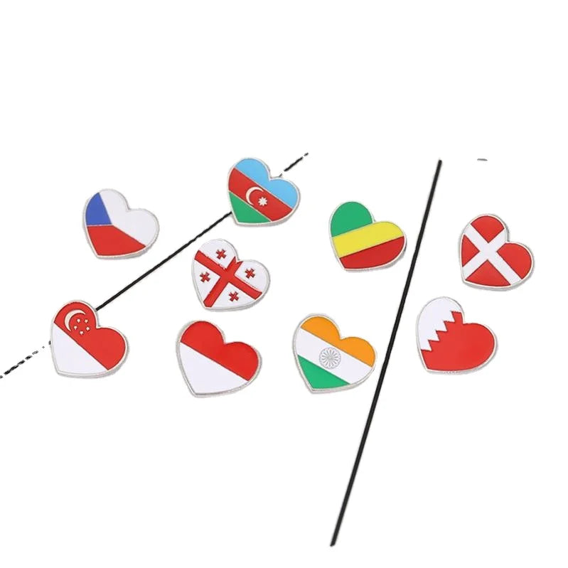 Metal Heart Shape National Flag Lapel Pin County Flag Badges Lapel Pin Indonesia Georgia Singapore Denmark India Azerbaijan