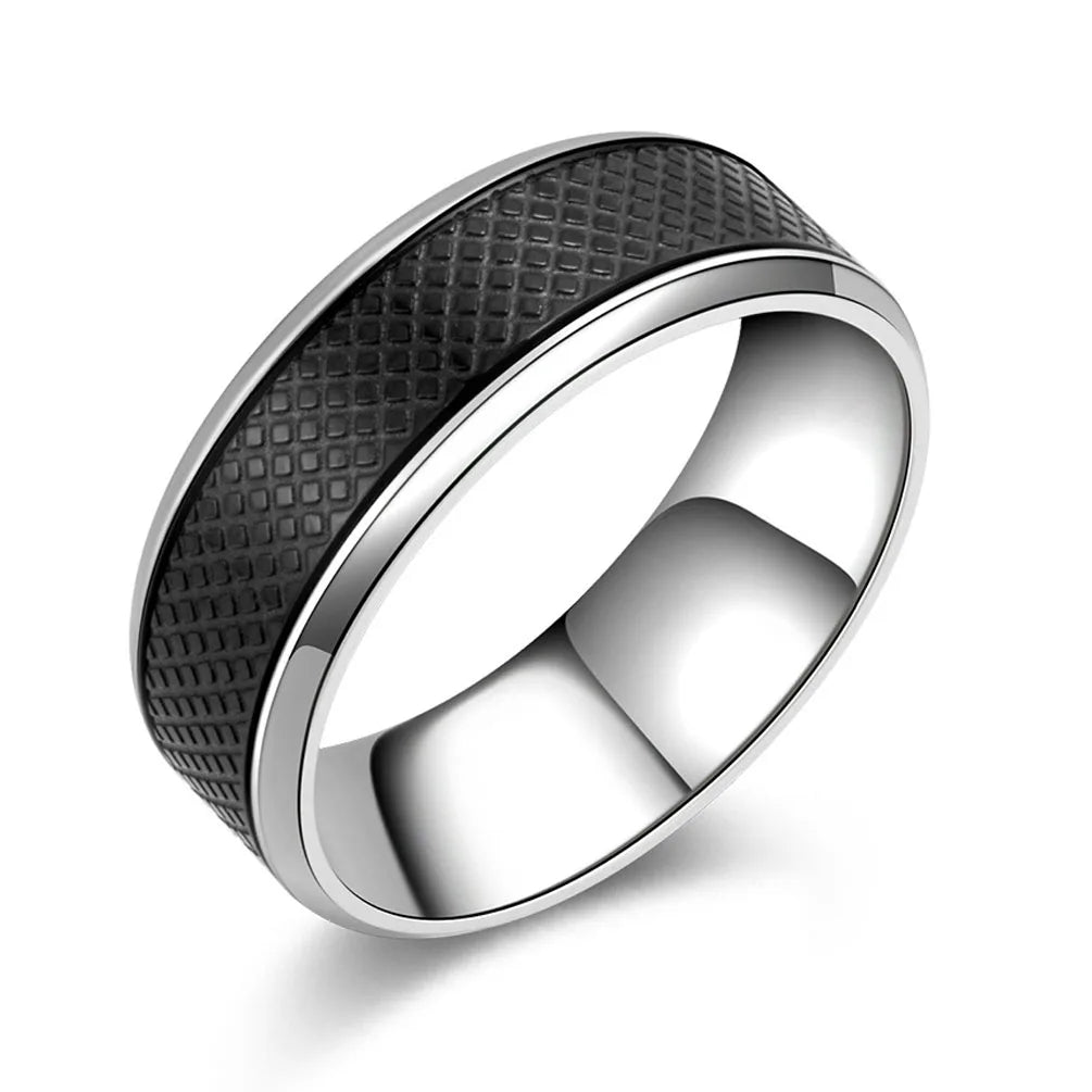 OAHLAN Fashion Jewelry Classic Black Lattice Pattern Inlay 8MM Stainless Steel Rings for Men Wedding/Engagement/Dating